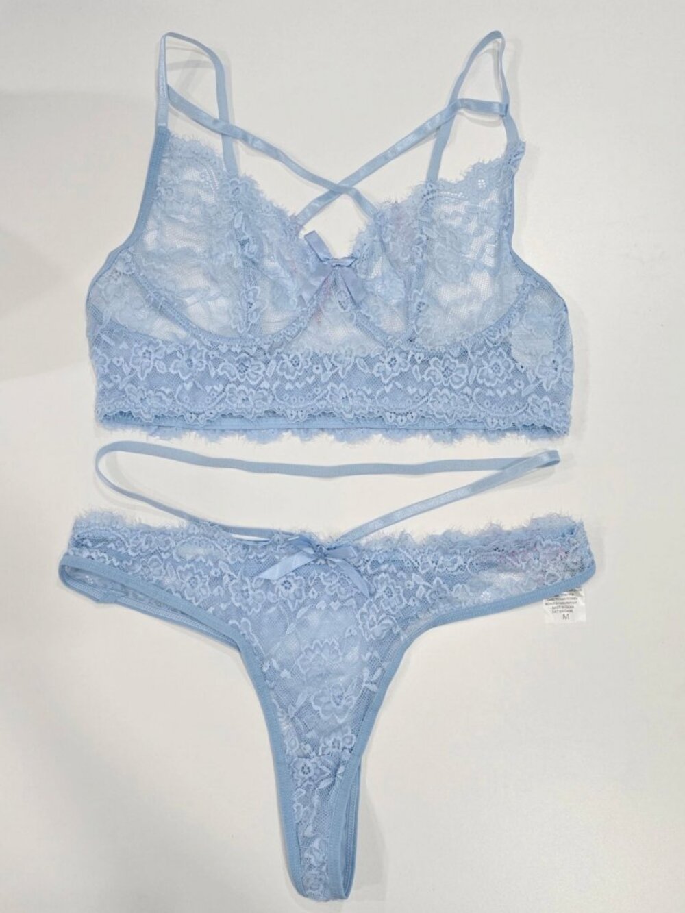 SHEIN Light Blue Lace Lingerie Set Strappy Bralette Bow Panty Underwire Top M - Picture 7 of 10